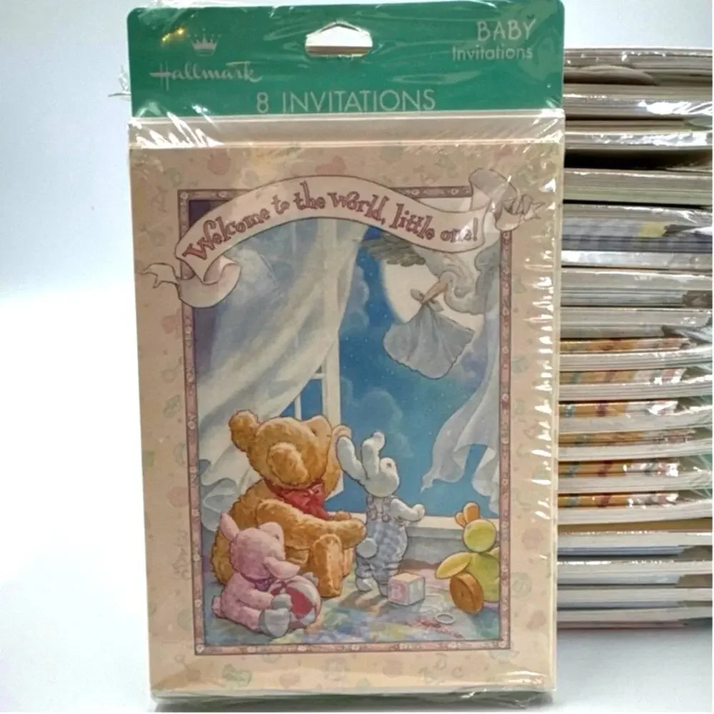 VTG Hallmark Baby Shower Invitations 8 Pack NOS 90s Classic Storybook Teddy Bear